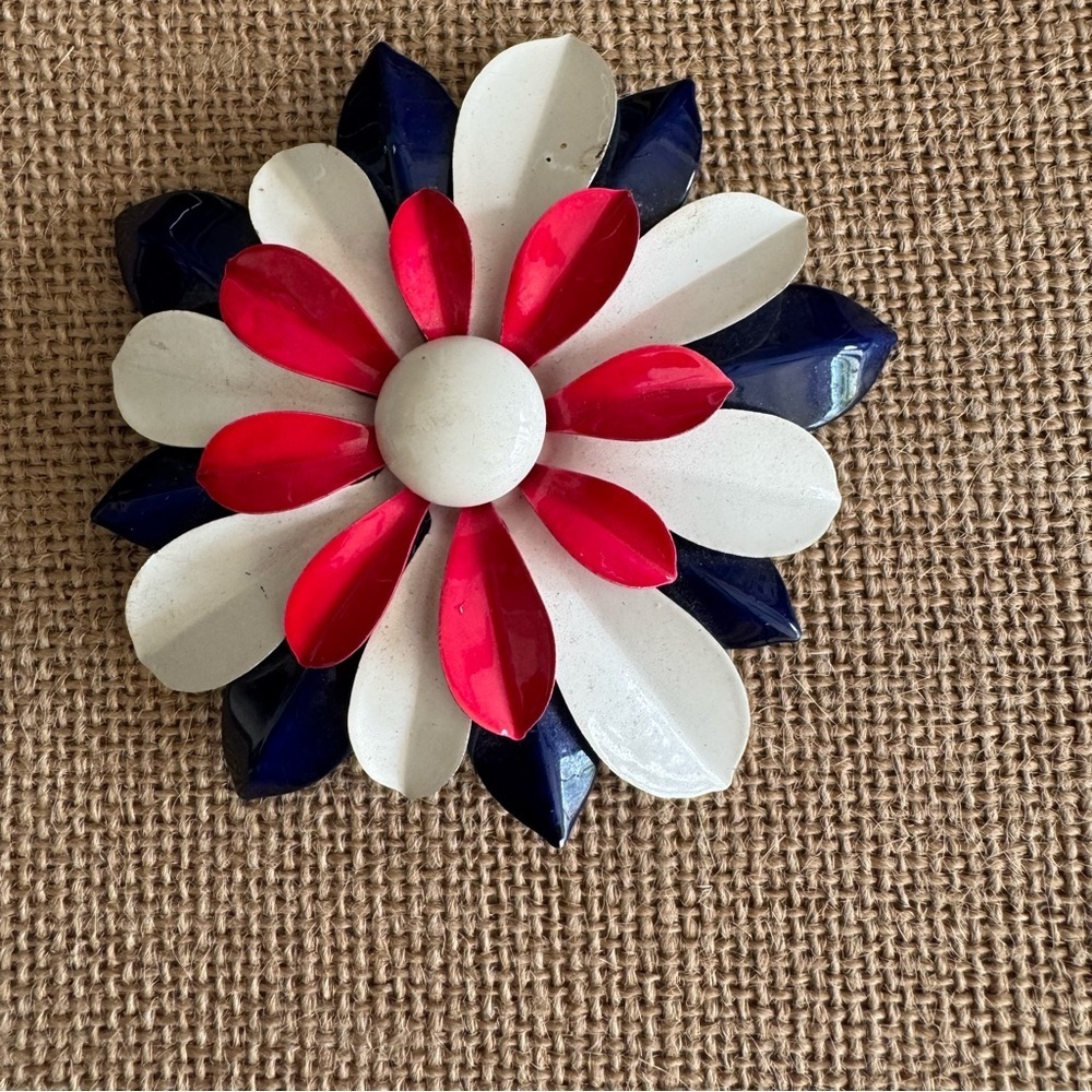Vintage Enameled Red, White, and Blue Flower Brooch - Picture 2 of 4